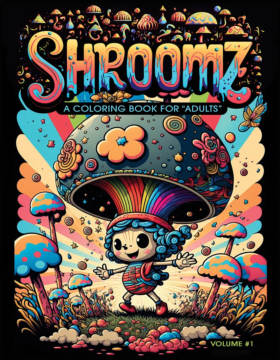 Front cover of the Shroomz adult coloring book