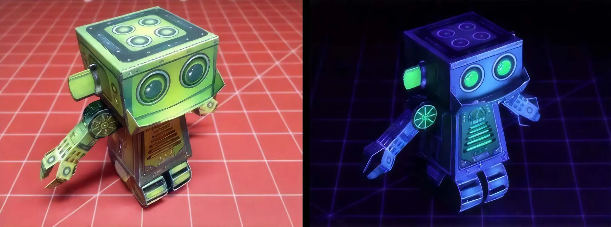 Two assembled paper robot models