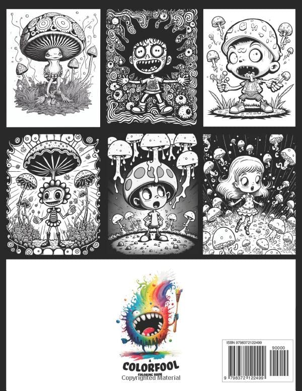 Back cover of the Shroomz adult coloring book with sample artwork