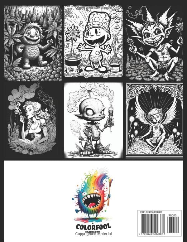 Back cover of the Weedz adult coloring book with sample artwork