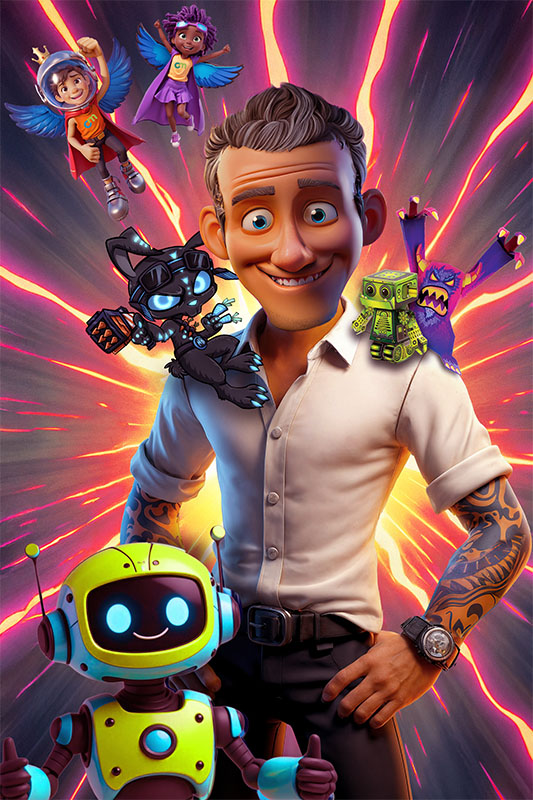 Brian Castleforte’s 3D avatar surrounded by his characters