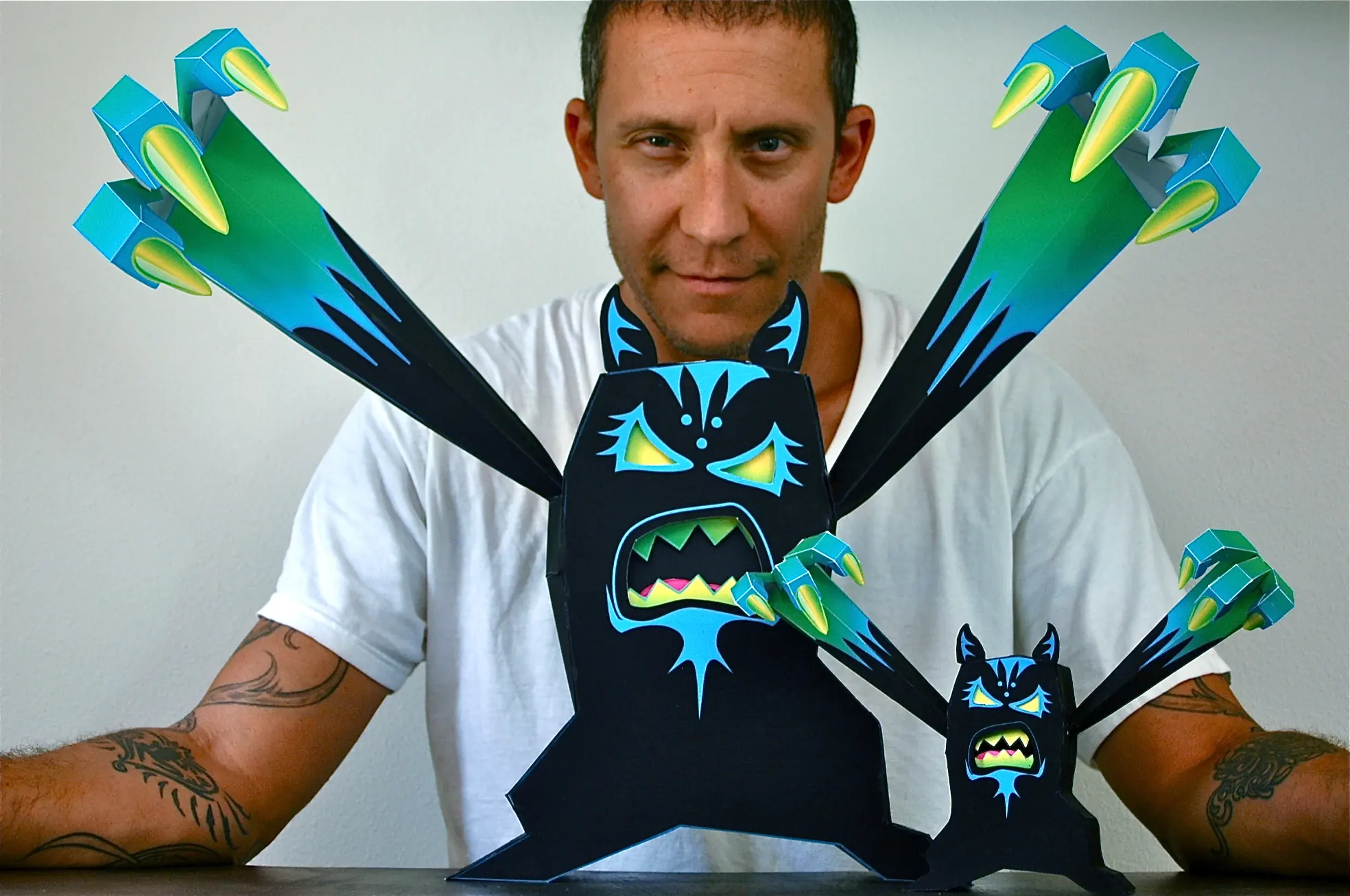 Brian Castleforte with a giant Wack in the Box paper toy