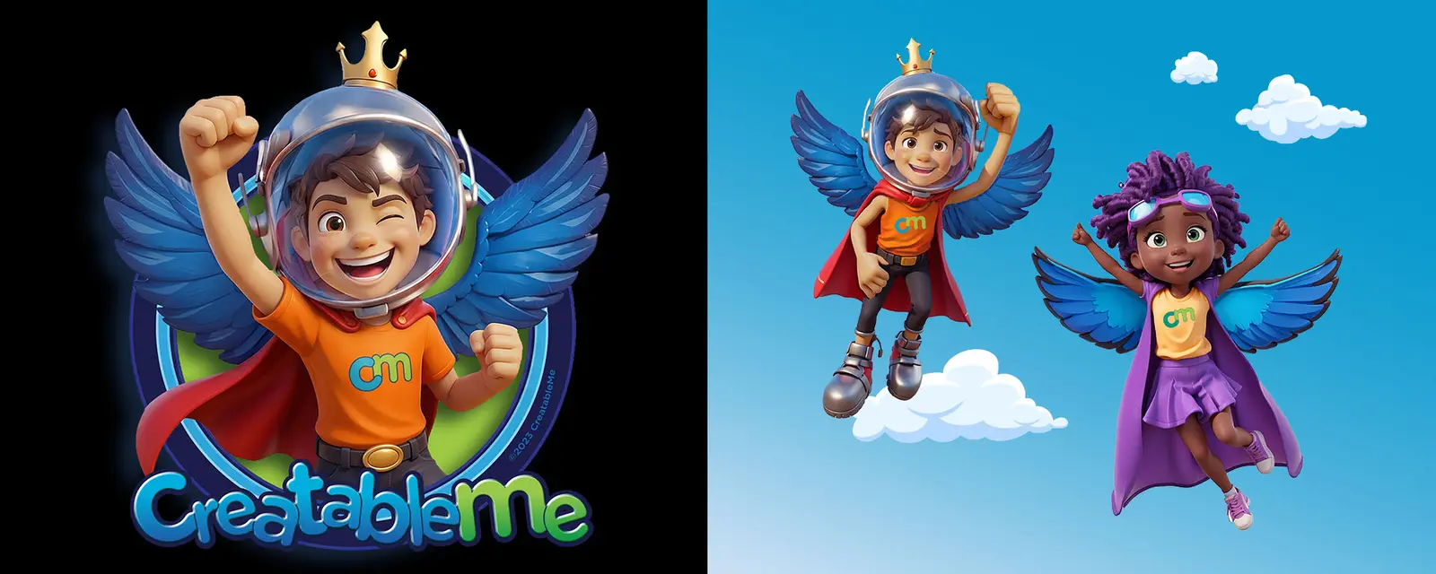 CreatableMe logo and two flying kid mascots with wings, capes and crowns