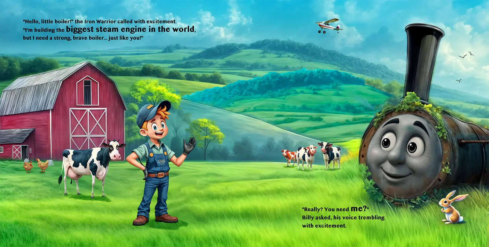 Billy meets the Iron Warrior in a green farm landscape