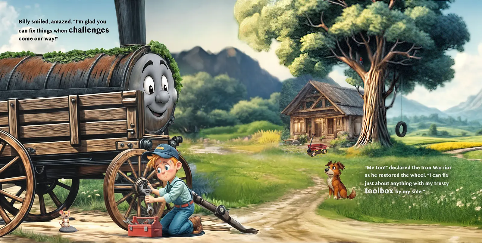 The Iron Warrior repairs a wheel while Billy watches