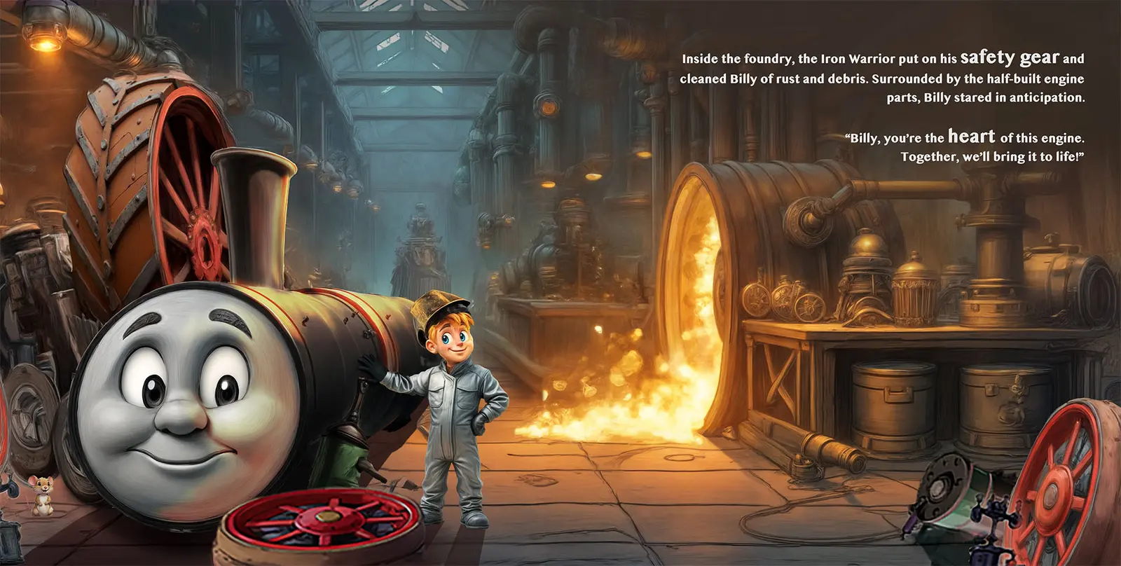 Billy and the Iron Warrior inside the glowing foundry