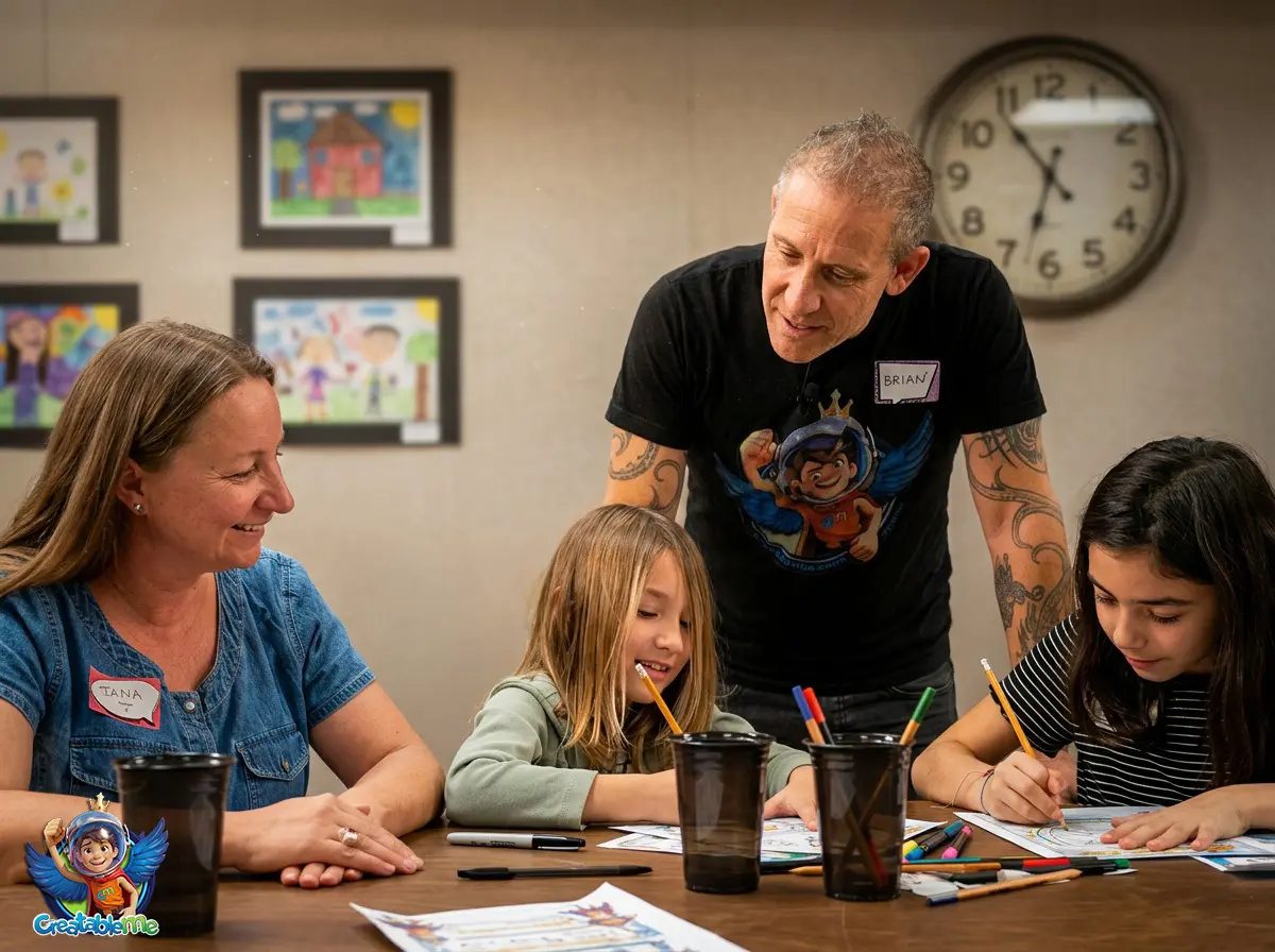 Brian Castleforte leading a CreatableMe workshop at a table with kids
